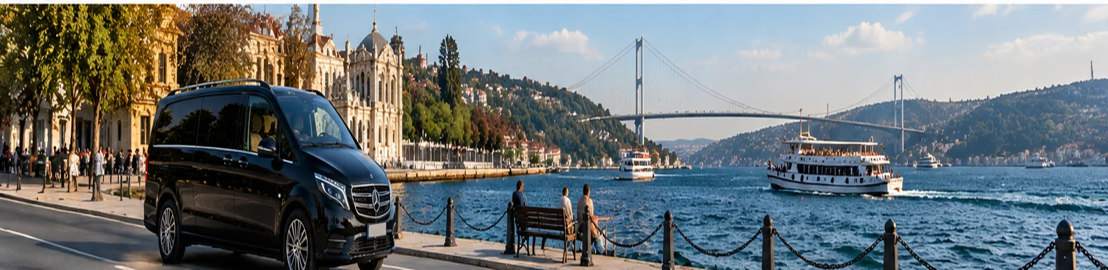 Illustrative black airport transfer minivan along a Beşiktaş-inspired Bosphorus waterfront