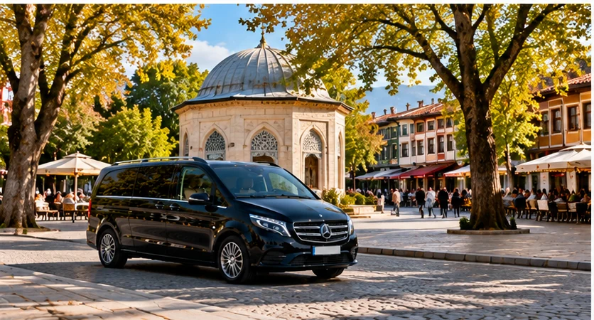 Original illustration of a luxury private minivan in a historic Bursa Osmangazi square