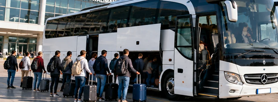 Illustrative coach pickup with travellers and suitcases outside an airport