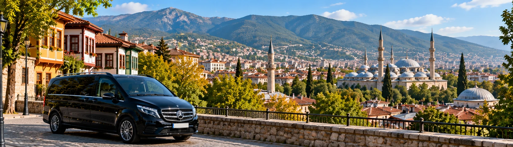 Original illustration of a private black minivan overlooking Bursa and its historic skyline