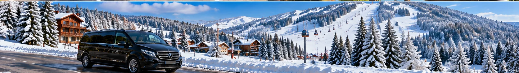Original illustrative black transfer minivan beside a snowy ski resort representing Kartalkaya