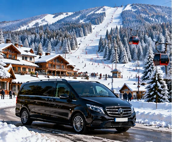 Original illustration of Kartepe mountain ski hotels and a black private minivan in snow