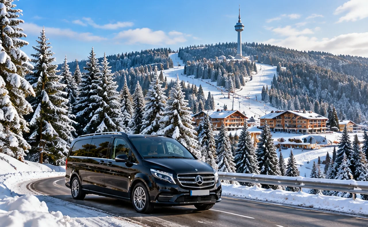 Illustration of a black private minivan in snowy Pamporovo Rhodope Mountain resort
