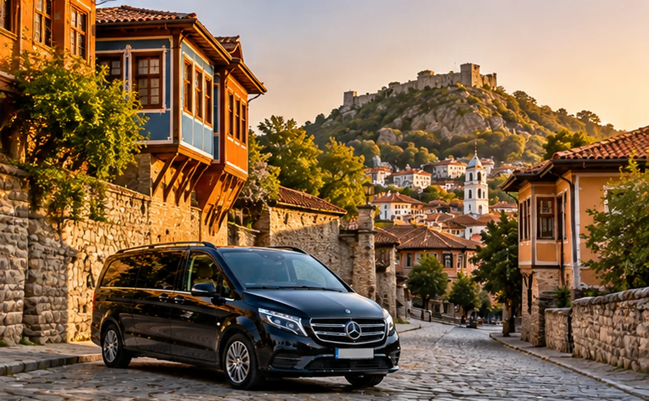Illustrative black minivan in Plovdiv Old Town streets