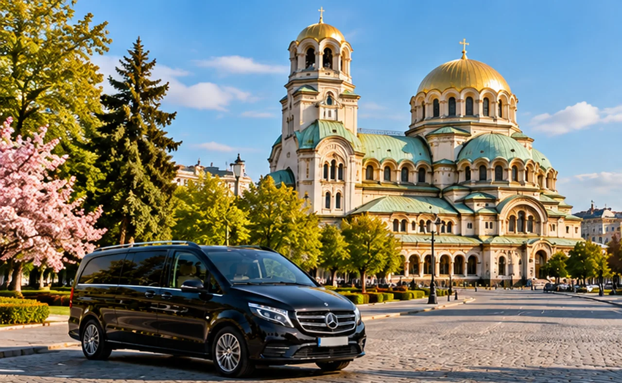 Illustrative black private transfer minivan near Sofia's Alexander Nevsky Cathedral