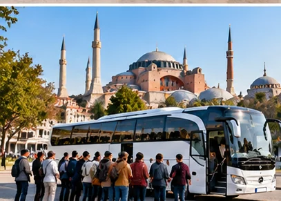 Illustrative tour group coach bus for an Istanbul sightseeing excursion