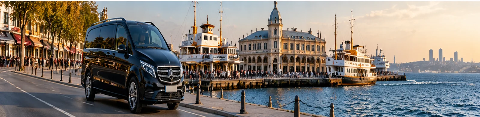 Illustrative private airport transfer minivan next to a Kadıköy-inspired ferry pier